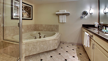 hotel bathroom with vanity, jacuzzi tub, and shower