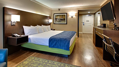 hotel room with king bed and tv